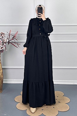 Fırfır Detaylı Kuşaklı Elbise - Siyah