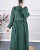 Fırfır Detaylı Kuşaklı Elbise - Yeşil