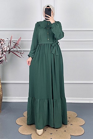 Fırfır Detaylı Kuşaklı Elbise - Yeşil