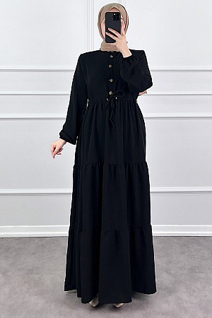 Fırfır Detaylı Ayrobin Elbise - Siyah