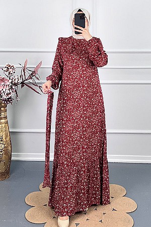 Fırfırlı Çiçekli Elbise - Kırmızı