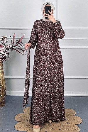 Fırfırlı Çiçekli Elbise - Mor