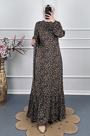 Fırfırlı Çiçekli Elbise - Yeşil