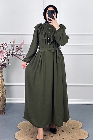 Fırfırlı Dantelli Elbise - Haki