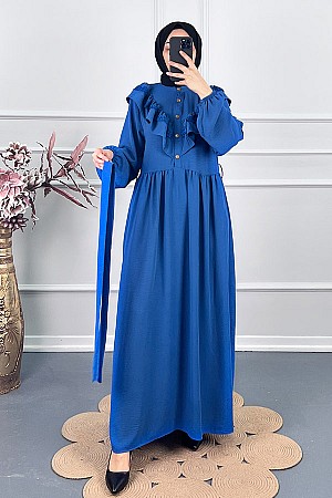 Fırfırlı Dantelli Elbise - Mavi