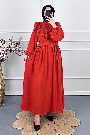 Fırfırlı Dantelli Elbise - Turuncu