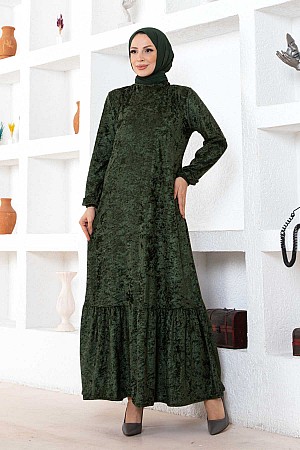 Fırfırlı Kadife Elbise - Yeşil Fırfırlı Kadife Elbise - Yeşil