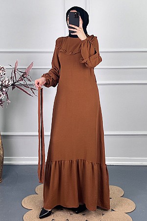Fırfırlı Kuşaklı Elbise - Camel Fırfırlı Kuşaklı Elbise - Camel