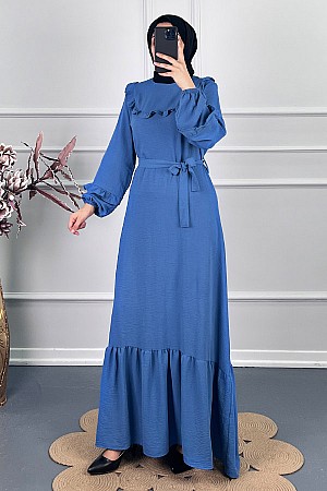 Fırfırlı Kuşaklı Elbise - Mavi
