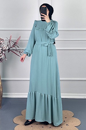 Fırfırlı Kuşaklı Elbise - Su Yeşili