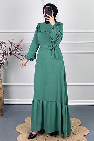 Fırfırlı Kuşaklı Elbise - Yeşil