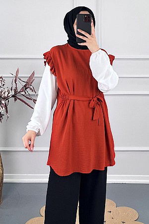 Fırfırlı Kuşaklı Tunik - Turuncu