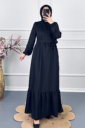 Fırfırlı Saten Elbise - Siyah