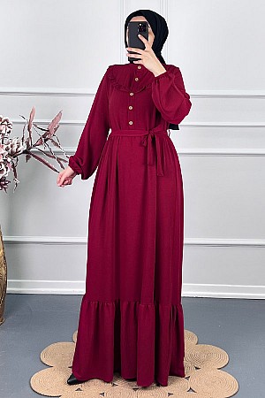 Fırfırlı Tesettür Elbise - Bordo