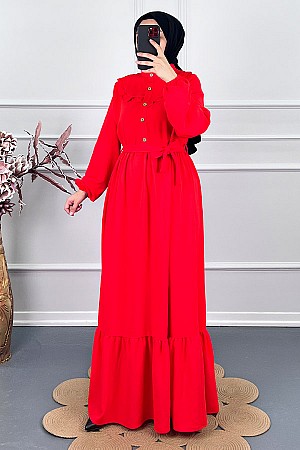 Fırfırlı Tesettür Elbise - Nar Çiçeği