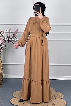 Fırfırlı Tesettür Elbise - Vizon