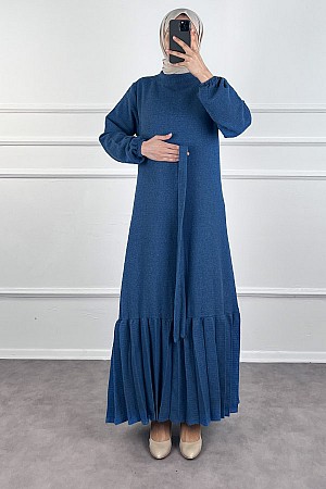 Fırfırlı Tüvit Elbise - İndigo Fırfırlı Tüvit Elbise - İndigo