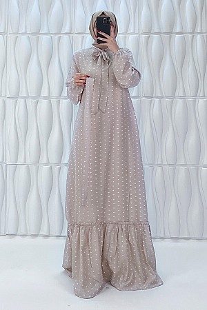 Fiyonklu Fırfırlı Elbise - Taş