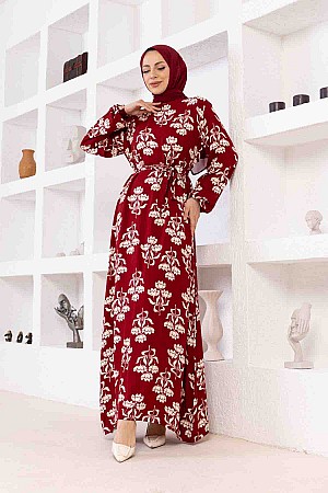 Floral Desenli Elbise - Bordo