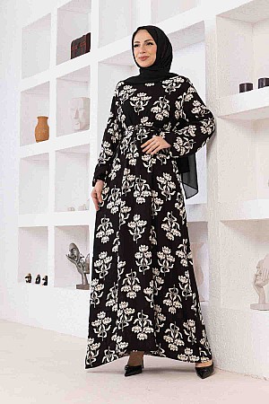 Floral Desenli Elbise - Siyah