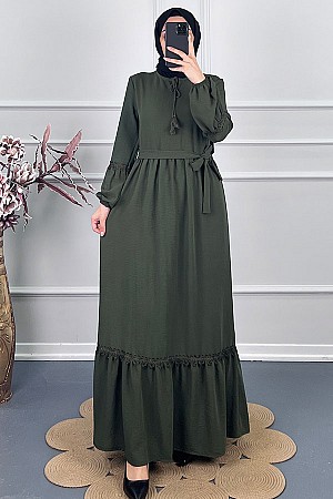 Güpür Detaylı Elbise - Haki