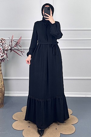 Güpür Detaylı Elbise - Siyah