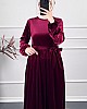 Güpür Detaylı Kadife Elbise - Bordo