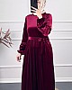 Güpür Detaylı Kadife Elbise - Bordo