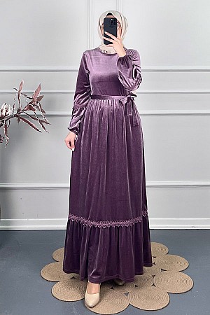 Güpür Detaylı Kadife Elbise - Mor