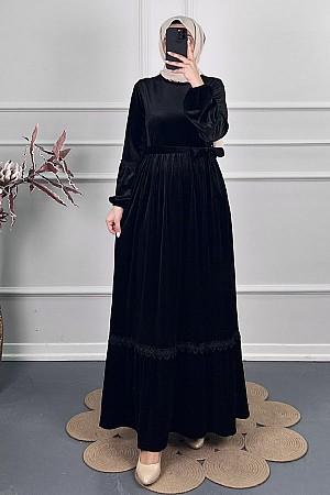 Güpür Detaylı Kadife Elbise - Siyah