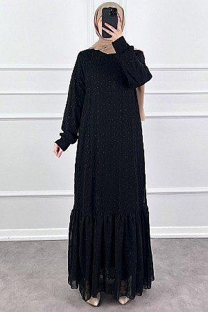 Güpürlü Şifon Elbise - Siyah