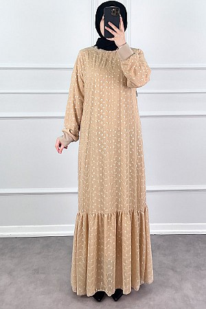 Güpürlü Şifon Elbise - Vizon
