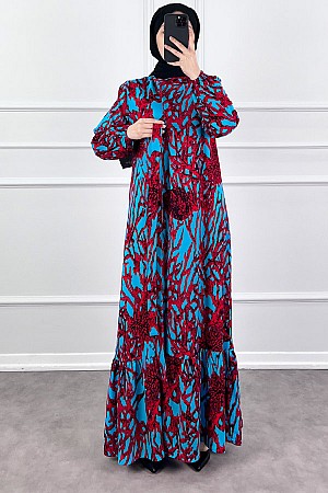 Hat Desenli Elbise - Bordo