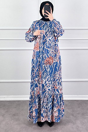Hat Desenli Elbise - İndigo Hat Desenli Elbise - İndigo