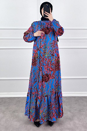 Hat Desenli Elbise - Mavi