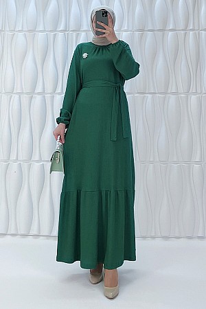 İnci Broşlu Elbise - Zümrüt Yeşili