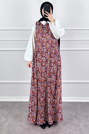 Jile Detaylı Çiçekli Krep Elbise - Kırmızı