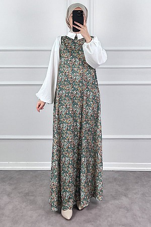 Jile Detaylı Çiçekli Krep Elbise - Yeşil