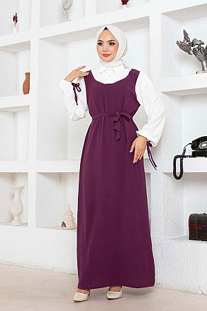Jile Detaylı Elbise - Mürdüm