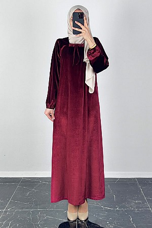 Kadife Ferace Elbise - Bordo