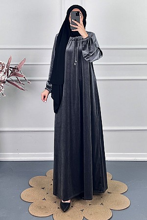 Kadife Ferace Elbise - Gri