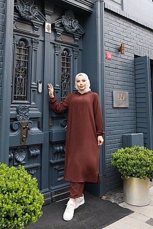 Kapşonlu Ayrobin Takım - Kahverengi