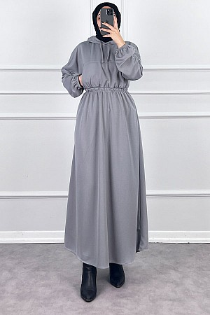 Kapşonlu Elbise - Gri