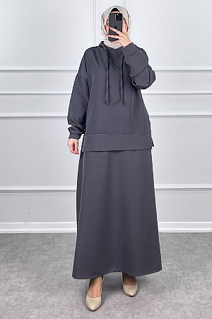 Kapşonlu Etekli Tesettür Takım - Gri
