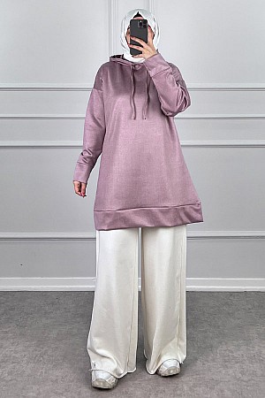 Kapşonlu Nubuk Sweatshirt - Pudra