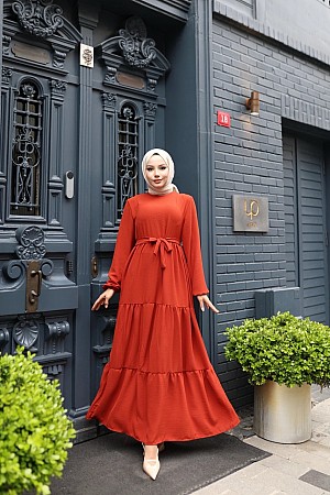 Kat Kat Ayrobin Tesettür Elbise - Kiremit