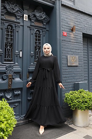 Kat Kat Ayrobin Tesettür Elbise - Siyah
