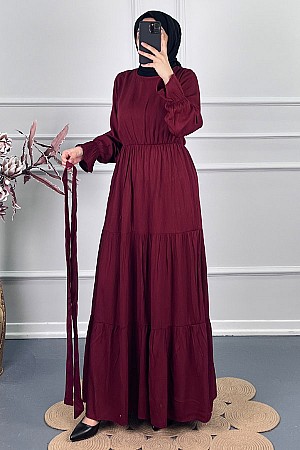 Katkat Kuşaklı Elbise - Bordo