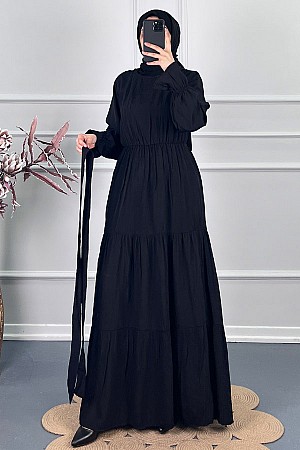 Katkat Kuşaklı Ponpon Elbise - Siyah