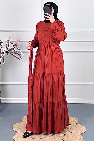 Katkat Kuşaklı Elbise - Turuncu